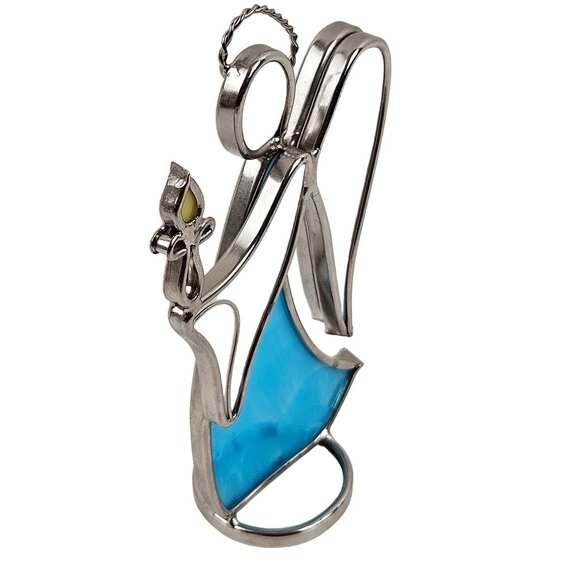 Stained Glass Angel Figurines Set of 2 Handcrafted Decorative Art White Blue - Picture 4 of 9